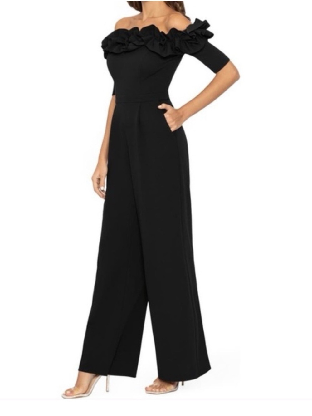 XSCAPE Evenings Ruched Ruffle Scuba Crepe Jumpsuit-Black